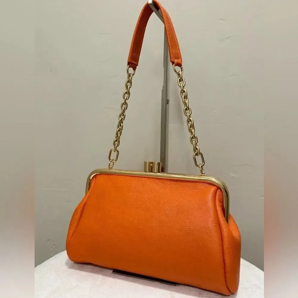 Orange Premium Pebble Cowhide Handmade Large Kiss Lock Handbag/ Multi Use Style